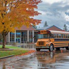 Yellow school bus is parked on a wet asphalt parking lot on a cloudy autumn day